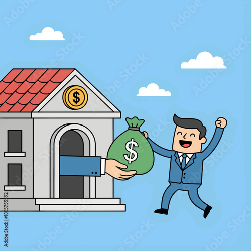 Financial Triumph: Animated image of hand offering a bag of money to an excited man, symbolizing financial success.