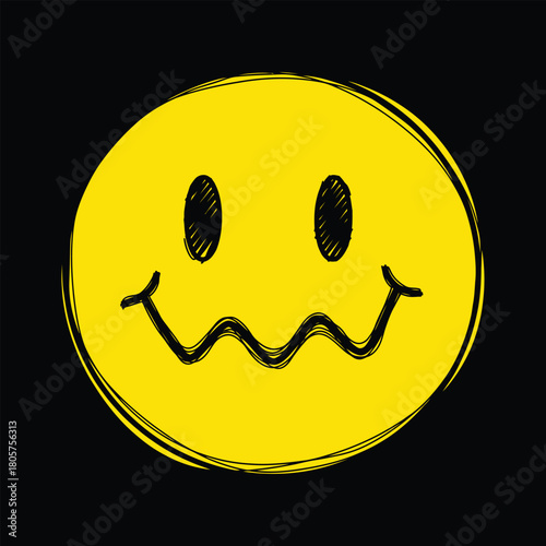 Yellow smiley face with scribbled black eyes and mouth on black emoticon