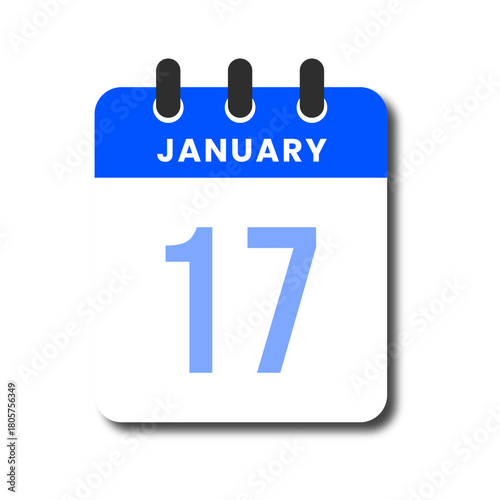 Flat minimalist blue January 17 calendar icon, ideal for daily planner, business, or UI app.