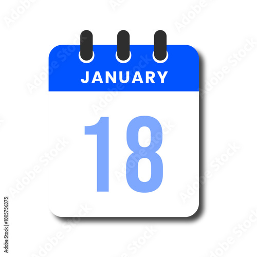 Flat blue January 18 calendar icon, modern and clean design for planner and productivity UI.