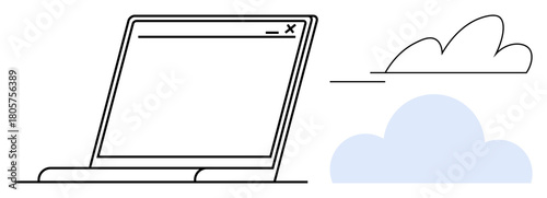 Open laptop with interface screen beside abstract blue cloud and soft outline cloud. Ideal for cloud computing, digital transformation, remote work, data storage, innovation, connectivity