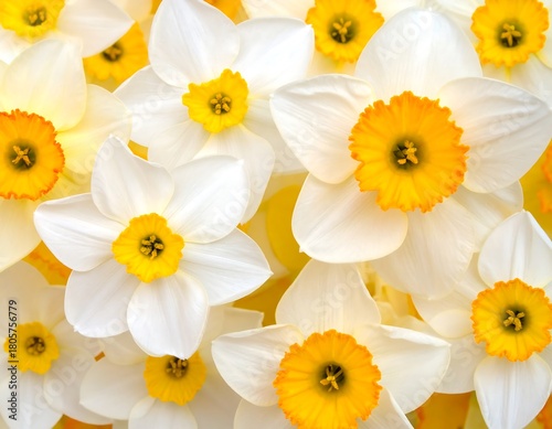 A vibrant field of bright daffodils with white petals and sunny yellow and orange centers