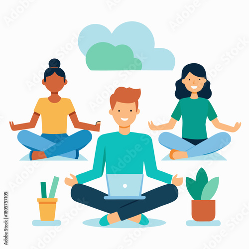 Office Wellness Activity Diverse Employees Cartoon