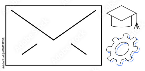 Mail envelope, graduation cap, and gear symbolizing education, communication, and progress. Ideal for learning, innovation, career teamwork technology efficiency and academic strategy. A simple