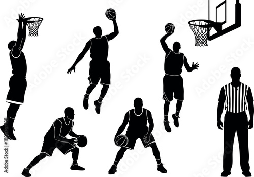 Basketball players and referee silhouettes set, action poses including dunking, shooting, and dribbling, sports game vector illustration collection isolated