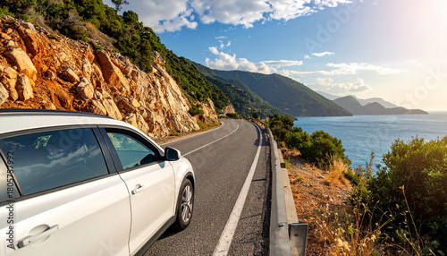 Fototapeta Naklejka Na Ścianę i Meble -  car driving on the road of europe. road landscape in summer. it's nice to drive on the beach side highway. Highway view on the coast on the way to summer vacation. Spain trip on beautiful travel road.