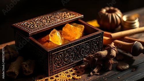 myrrh. Ornate wooden box with intricate patterns, myrrh resin inside, gold and frankincense nearby. event programs, museum guides, designed for cultural heritage projects and event programs.