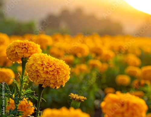 A vibrant field of golden marigolds under the warm glow of the setting sun, creating a bright and serene landscape
