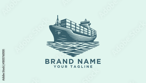 Hand-drawn container goods boat sailing on the sea, a classic maritime logistics vector logo design