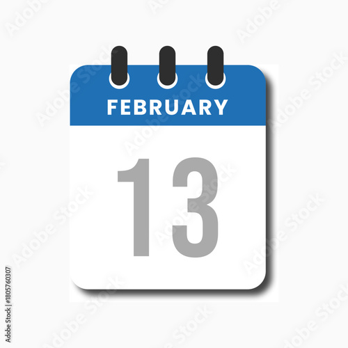 Blue February 13 flat calendar icon with modern clean vector design for planners and productivity tools.