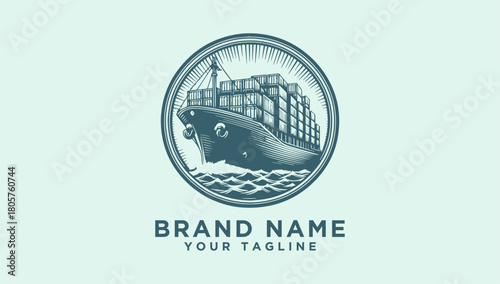 Maritime freight transport vector logo featuring a vintage container ship sailing on the waves inside a circular emblem