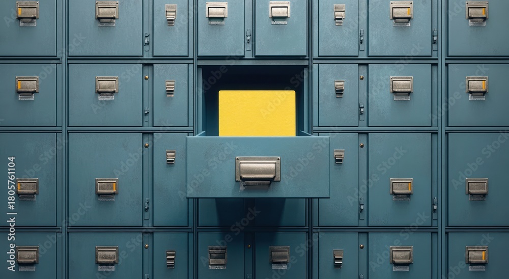 Fototapeta premium Worn blue metal filing drawers filling the frame with one center drawer open revealing a bright yellow folder, evoking discovery and focus