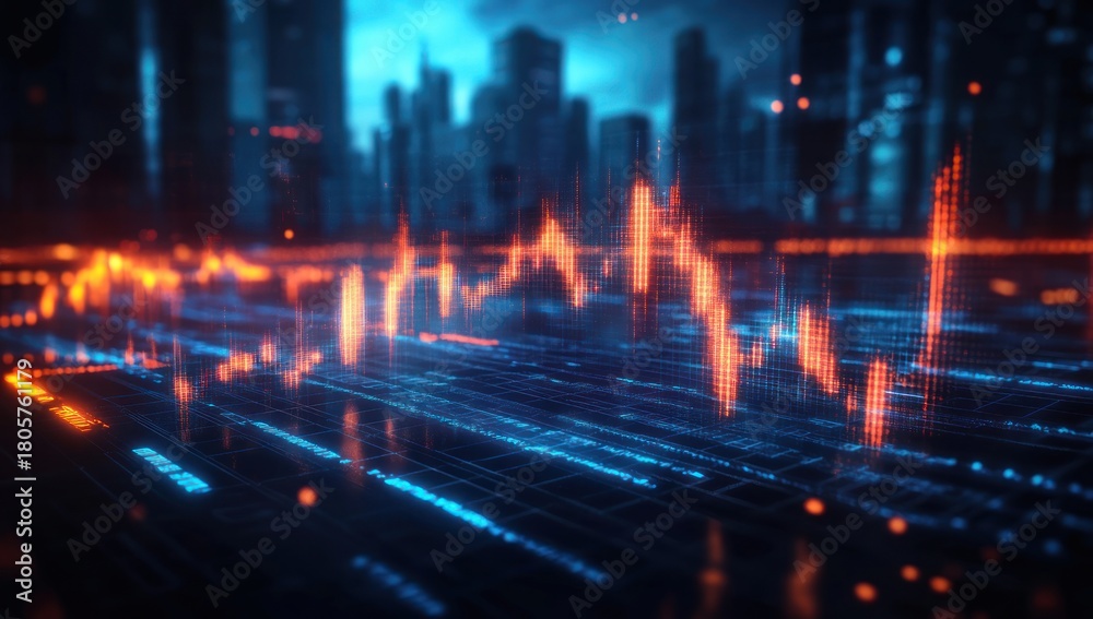 Fototapeta premium glowing orange market waveform over neon blue data grid with reflective surface and blurred city skyline, dynamic futuristic and tense atmosphere