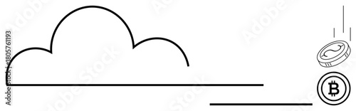 Cloud outline with falling cryptocurrency coins representing data storage, digital assets, and financial technology. Ideal for blockchain, fintech, cloud computing, bitcoin economy, online security