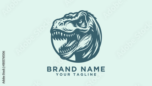 Fierce Tyrannosaurus Rex head illustration vector logo. Prehistoric T-Rex dinosaur mascot emblem for brand identity