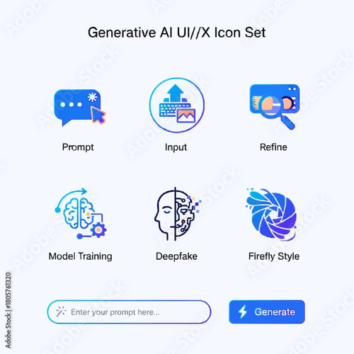 Generative AI UI/UX Icon Set: Prompt, Input, Model Training, Refine, Deepfake, and Firefly Style. Artificial Intelligence Technology Glyphs.