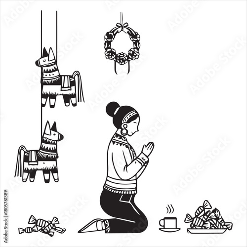 Woman praying with festive decorations and sweets kneeling traditional