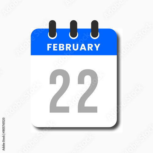 Minimalist blue February 22 calendar icon in flat vector style, suitable for planners and scheduling tools.