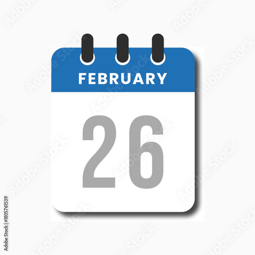 Clean modern February 26 blue calendar icon in flat vector style, perfect for planning and productivity tools.
