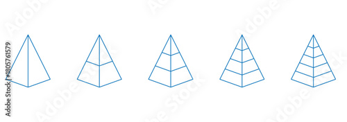 Triangular pyramid icon set. . Triangle pyramid chart collection. Maslow layer diagram. Development level infographic.  Vector illustration