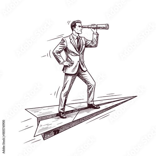 Visionary Outlook: A determined businessperson gazes intently through a telescope while perched atop a paper airplane, representing innovative thought and forward-thinking goals. 