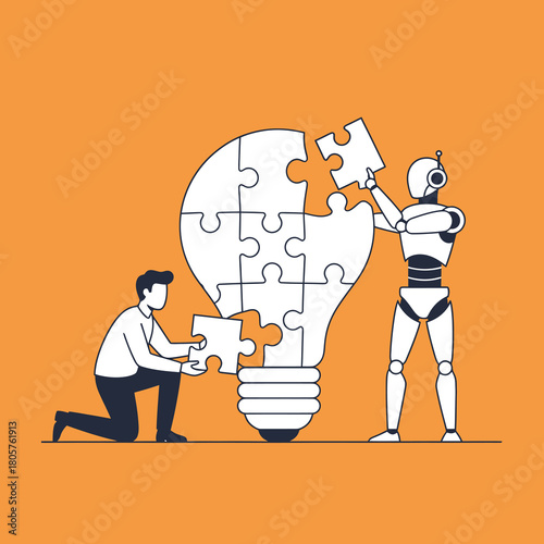Illuminating Collaboration: A modern robot and human work together, assembling a glowing lightbulb puzzle against a warm backdrop, symbolizing innovation and ingenuity.