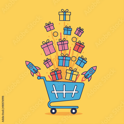 E-Commerce Explosion: A shopping cart overflowing with colorful gift boxes launches into a vibrant world, with rockets propelling the joyous delivery of purchases.