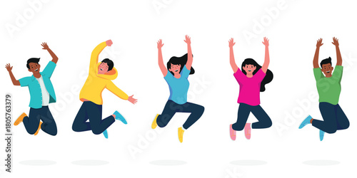 Energetic flat style illustration of diverse happy friends jumping together in joyful poses, expressing fun, positivity, and celebration, perfect for lifestyle, youth, and community themes.