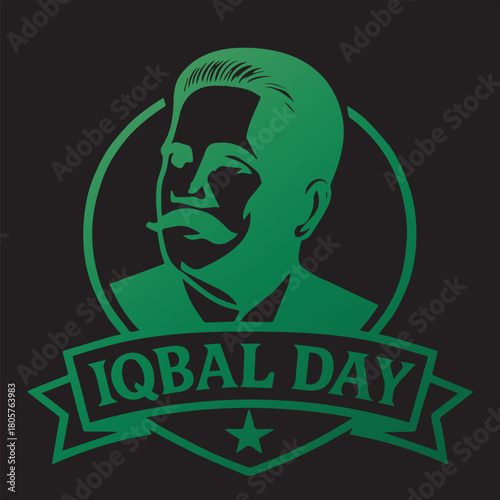 Iqbal Day logo featuring a portrait of Muhammad Iqbal in green.