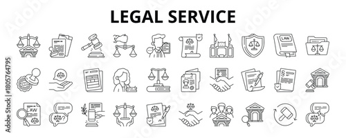 30 Legal Service Line Icons Vector - Legal Document, Justice Scale, Courtroom, Law Book, Legal Contract, Case Brief, Legal Consultation