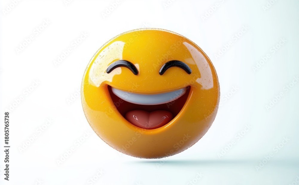Fototapeta premium glossy yellow 3d smiling emoji face with closed eyes and open mouth showing tongue on white background, joyful and playful
