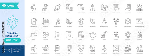 Financial management line icon set editable stroke. Budgeting analysis, auditing, savings, investment planning, reporting.