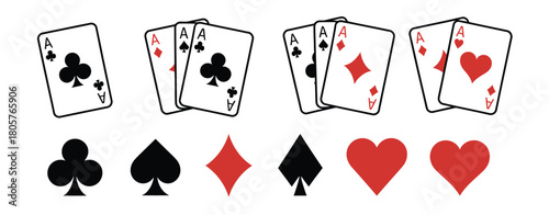 Playing cards gambling vector illustration showing spade, club, heart, and diamond symbols, suitable for card games, casino designs, poker graphics, and entertainment projects.