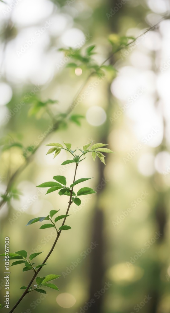 Naklejka premium Young green sapling branch extends upward with bright bokeh lights in the background