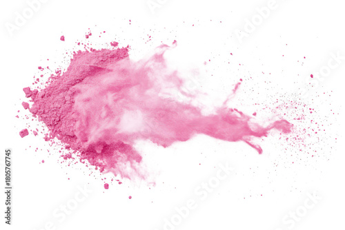 A explosion of pink powder against a white background. the dynamic movement and texture of the pigment. ideal for creative projects. advertising. and artistic use