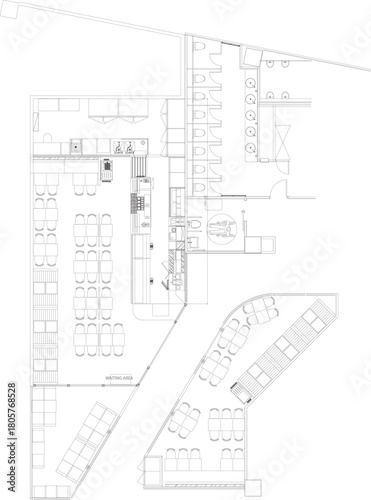 Layout Plan for Furniture Arrangement and Functional Zones in a Shopping Mall Including Seating, Kitchen Area, and Restroom Placement