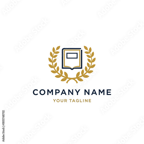 A professional logo featuring an open book within a golden laurel wreath, with 'COMPANY NAME' and 'YOUR TAGLINE' text below, on a white background.