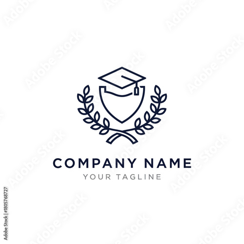 Elegant education logo with graduation cap, shield, and laurel wreath.