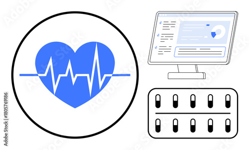 Blue heart with heartbeat line, computer displaying health data, and pill blister pack. Ideal for health tech, telemedicine, digital health, medical care, pharmacy fitness diagnostics. Simple flat