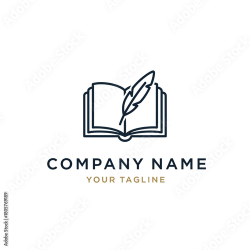 Minimalist line art logo of an open book with a feather quill pen, representing writing, education, or publishing.