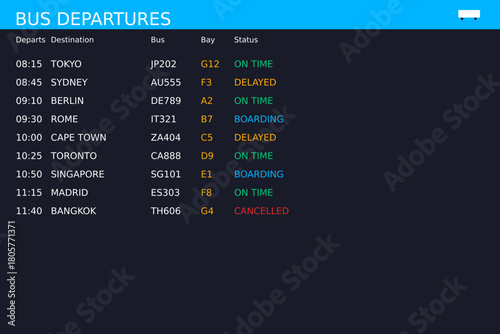 Digital bus departure information screen with destinations and status