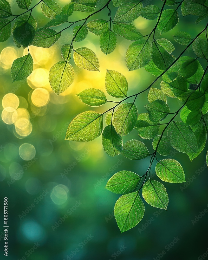 Fototapeta premium Sunlit green leaves on delicate branches with soft bokeh background, serene and refreshing mood