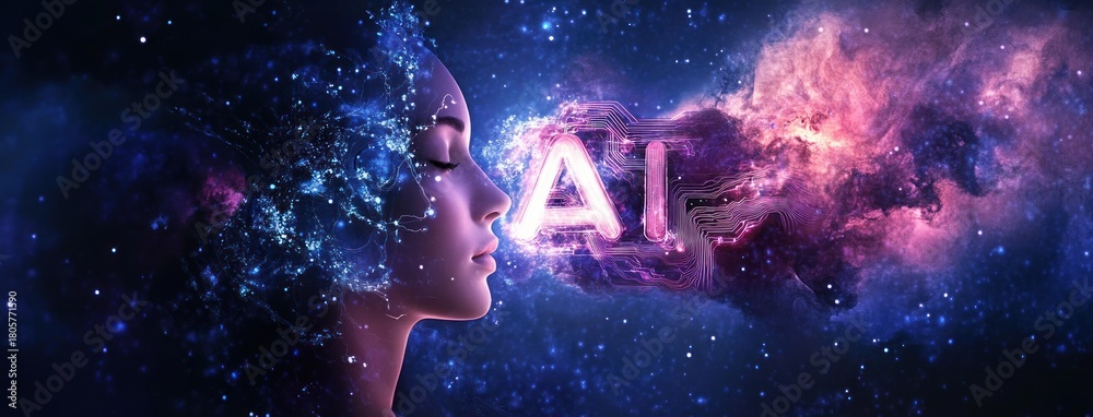 Fototapeta premium Glowing ai letters entwined with circuit patterns in a vibrant purple and pink cosmic nebula, sparkling stars and electric particles conveying futuristic wonder and inspiration