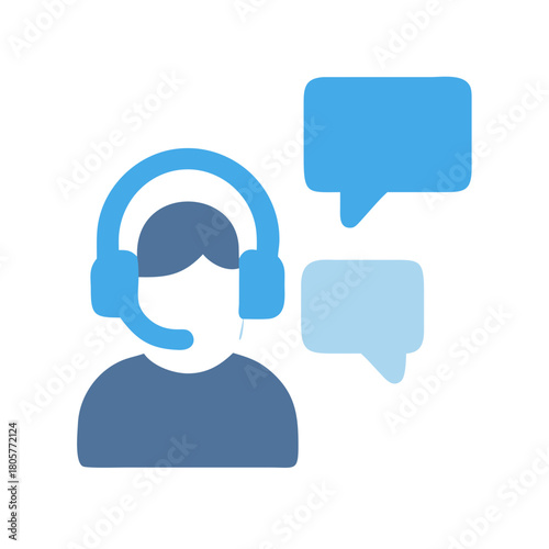 Customer support representative with speech bubbles on black background