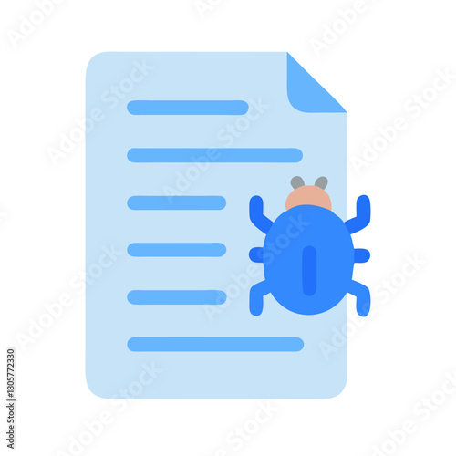 Blue document with bug icon shows computer system error