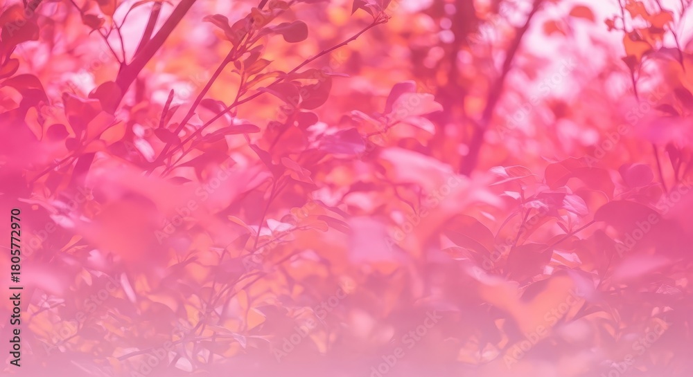 Fototapeta premium Lush foliage bathed in vivid pink and warm tones creates an abstract botanical background