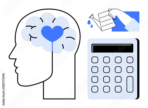 Human head with brain and heart, hand watering plant, calculator. Ideal for mental health, emotional intelligence, education, problem-solving, balance well-being self-growth. Simple flat metaphor