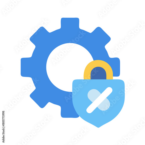 Blue gear and shield illustrate security settings concept