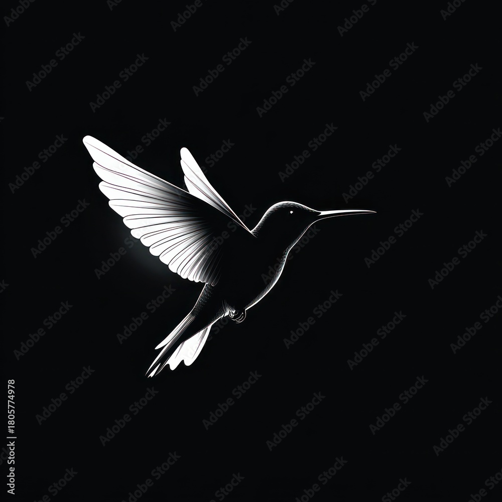 Fototapeta premium Glowing white hummingbird silhouette in flight with outstretched wings on a stark black background, elegant and serene