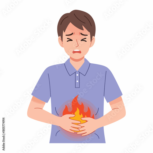 Heartburn or Stomach Pain: Man clutching abdomen with fire graphic, indicating severe indigestion and acid reflux symptom.